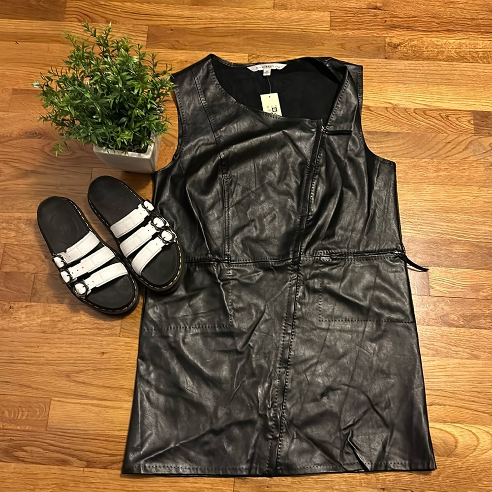 Max Studio Women Large Black Faux Leather Asymmetrical Zipper Dress Bikercore